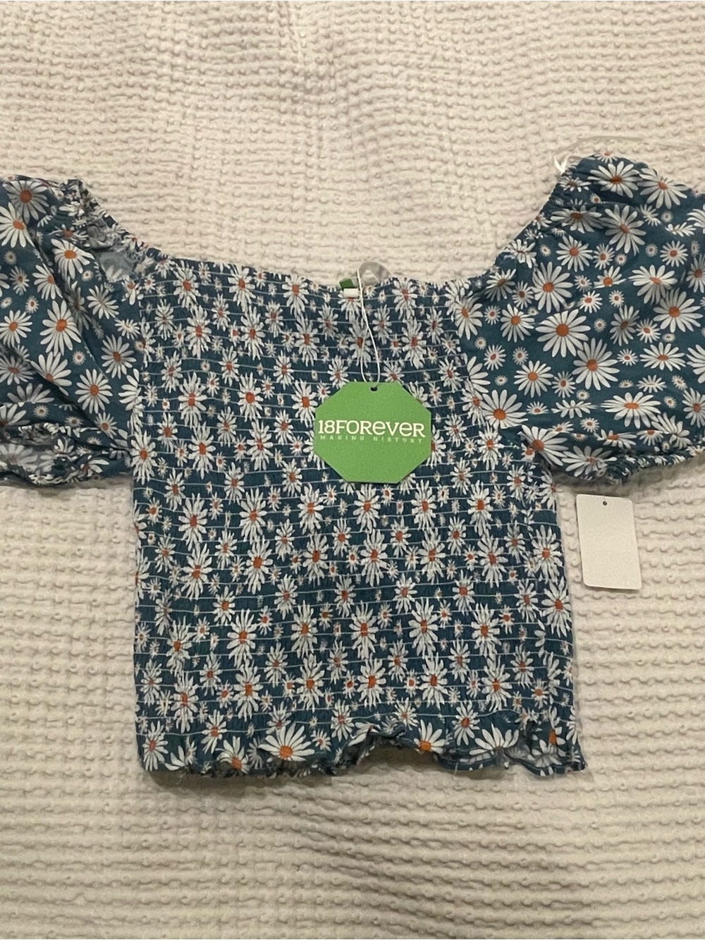 Forever 21 Girls' Teal Blue Daisy Smocked Puff Sleeve Top